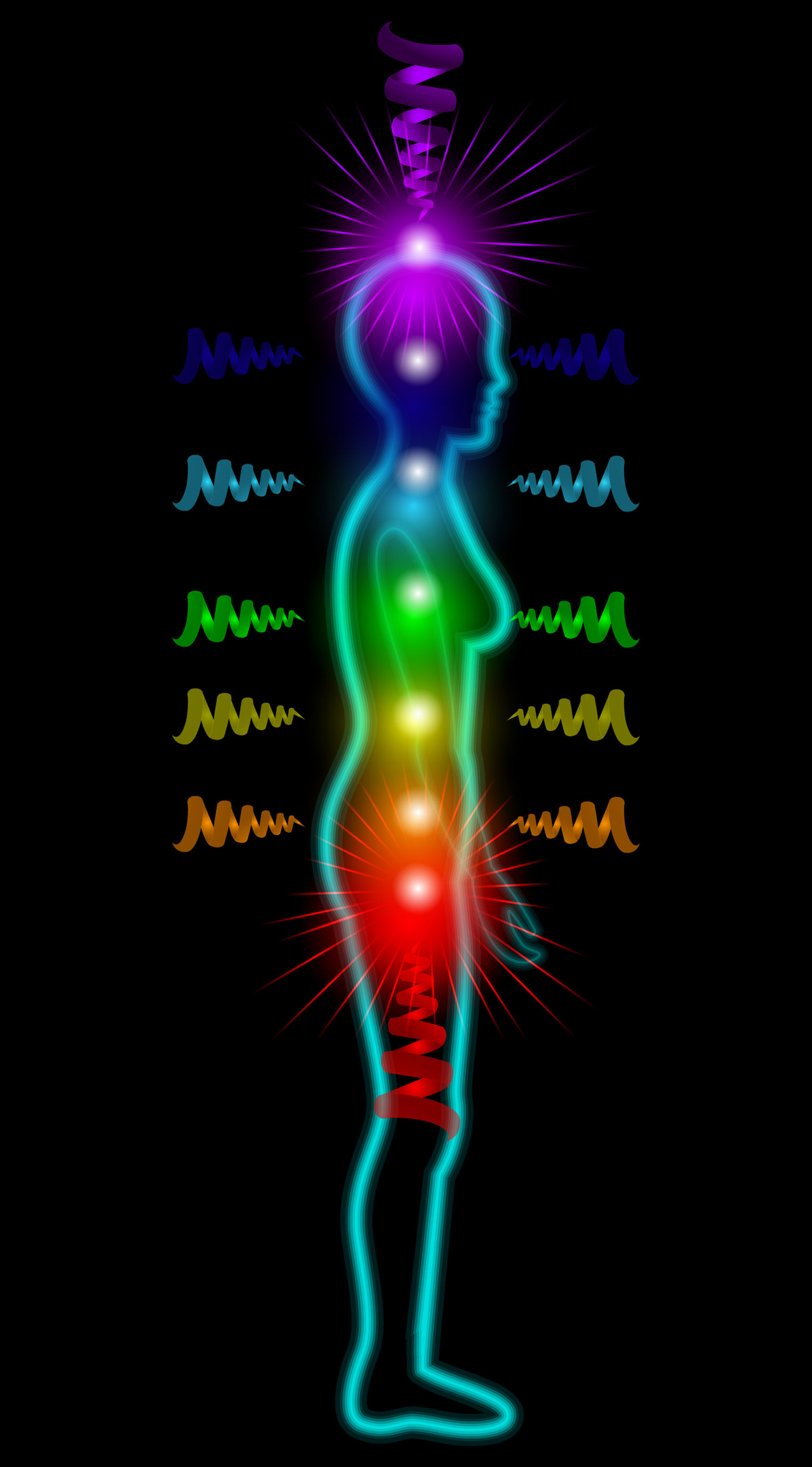 34866984 - woman silhouette on the black background with shining chakras
